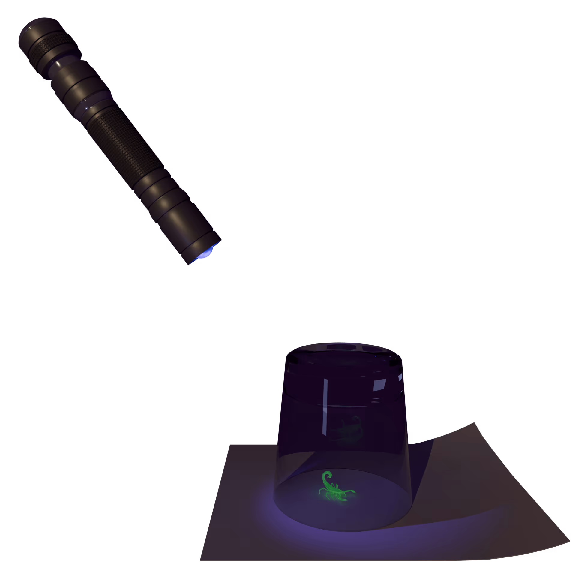 A scorpion trapped under a glass with paper below and a UV flashlight above.