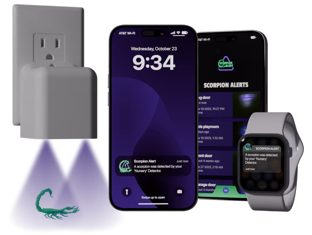 A Scorpion Detector plugged into a wall outlet alongside phone and watch alerts showing a detected scorpion.